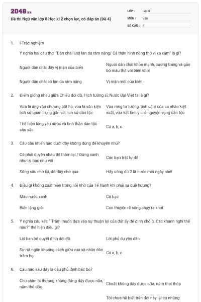 Đề thi Ngữ văn lớp 8 Học kì 2 chọn lọc, có đáp án (Đề 4)