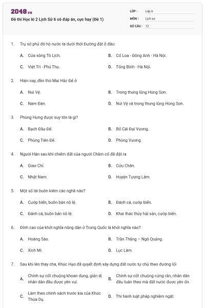 Đề thi Học kì 2 Lịch Sử 6 có đáp án, cực hay (Đề 1)