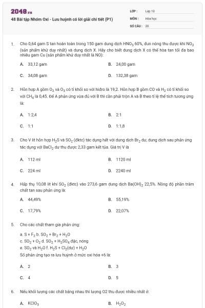 48 Bài tập Nhóm Oxi - Lưu huỳnh có lời giải chi tiết (P1)