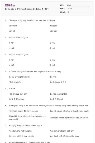 Đề thi giữa kì 1 Tin học 6 có đáp án (Bài số 1 - Đề 1)