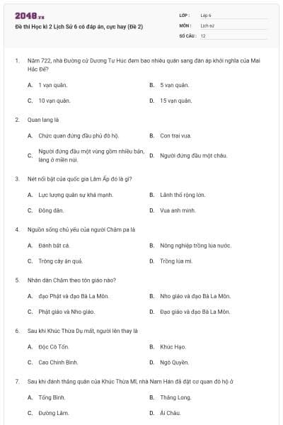 Đề thi Học kì 2 Lịch Sử 6 có đáp án, cực hay (Đề 2)