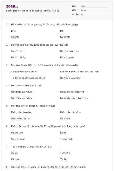 Đề thi giữa kì 1 Tin học 6 có đáp án (Bài số 1 - Đề 3)