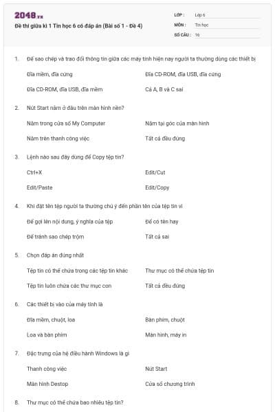Đề thi giữa kì 1 Tin học 6 có đáp án (Bài số 1 - Đề 4)