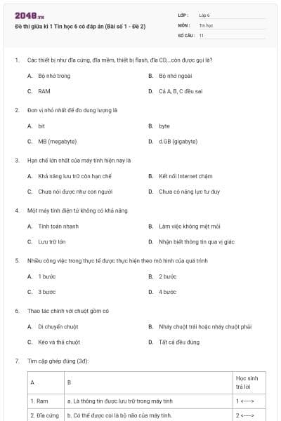 Đề thi giữa kì 1 Tin học 6 có đáp án (Bài số 1 - Đề 2)