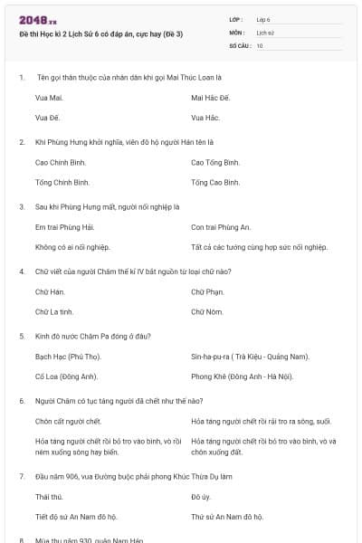 Đề thi Học kì 2 Lịch Sử 6 có đáp án, cực hay (Đề 3)