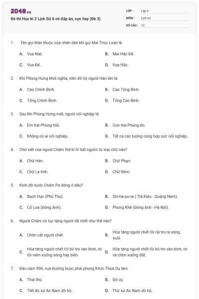Đề thi Học kì 2 Lịch Sử 6 có đáp án, cực hay (Đề 3)