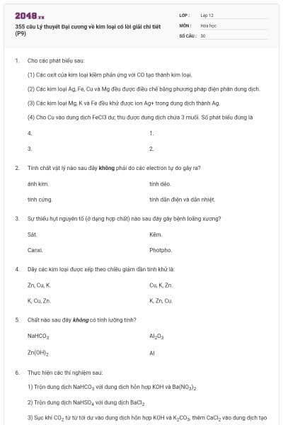 355 câu Lý thuyết Đại cương về kim loại có lời giải chi tiết (P9)