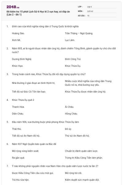 Đề kiểm tra 15 phút Lịch Sử 6 Học kì 2 cực hay, có đáp án (Lần 2 - Đề 1)