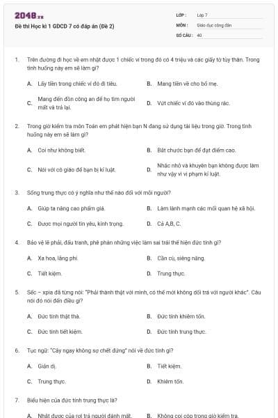 Đề thi Học kì 1 GDCD 7 có đáp án (Đề 2)