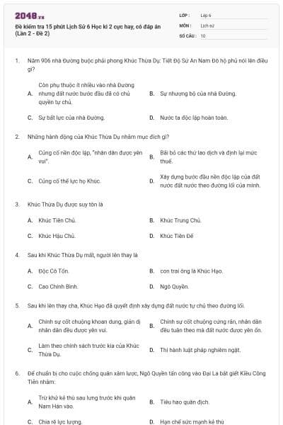 Đề kiểm tra 15 phút Lịch Sử 6 Học kì 2 cực hay, có đáp án (Lần 2 - Đề 2)