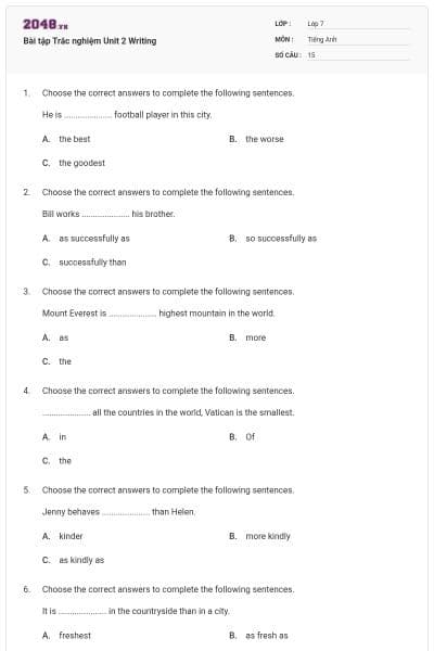 Bài tập Trắc nghiệm Unit 2 Writing