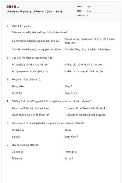 Đề kiểm tra 15 phút Địa Lí 8 Học kì 1 (Lần 1 - Đề 1)