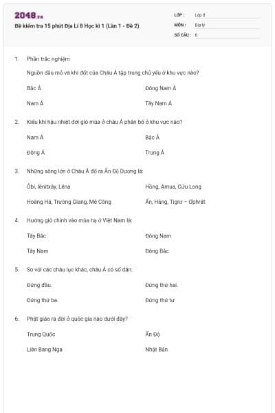 Đề kiểm tra 15 phút Địa Lí 8 Học kì 1 (Lần 1 - Đề 2)