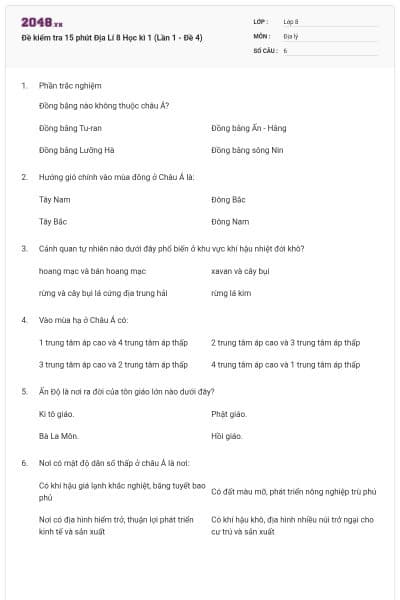 Đề kiểm tra 15 phút Địa Lí 8 Học kì 1 (Lần 1 - Đề 4)