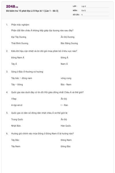 Đề kiểm tra 15 phút Địa Lí 8 Học kì 1 (Lần 1 - Đề 3)