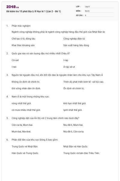 Đề kiểm tra 15 phút Địa Lí 8 Học kì 1 (Lần 2 - Đề 1)