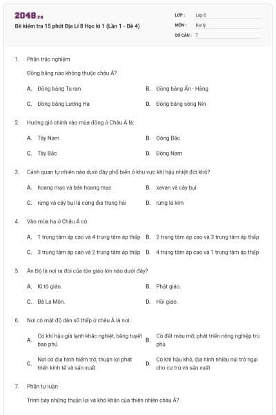 Đề kiểm tra 15 phút Địa Lí 8 Học kì 1 (Lần 1 - Đề 4)