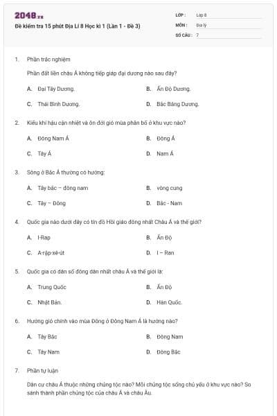 Đề kiểm tra 15 phút Địa Lí 8 Học kì 1 (Lần 1 - Đề 3)