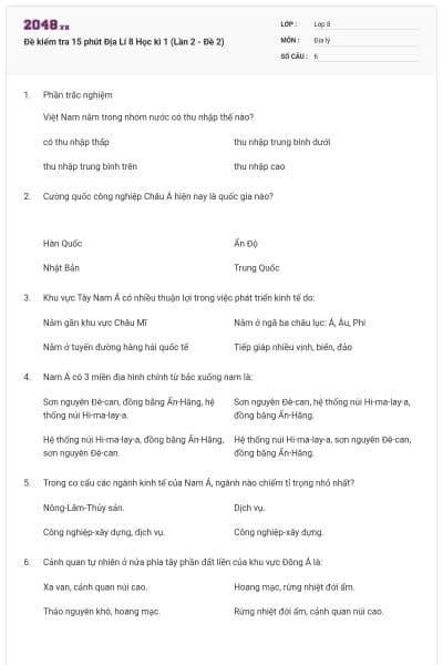 Đề kiểm tra 15 phút Địa Lí 8 Học kì 1 (Lần 2 - Đề 2)