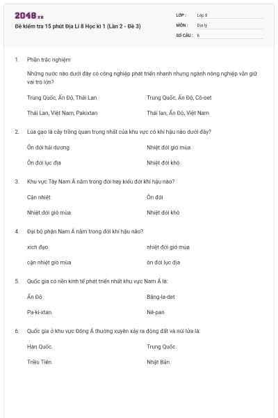 Đề kiểm tra 15 phút Địa Lí 8 Học kì 1 (Lần 2 - Đề 3)