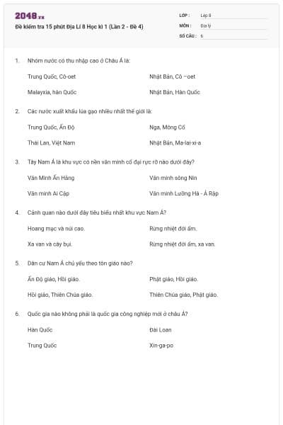 Đề kiểm tra 15 phút Địa Lí 8 Học kì 1 (Lần 2 - Đề 4)