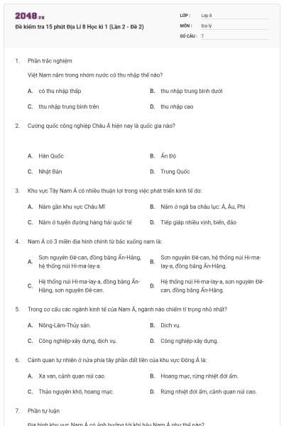 Đề kiểm tra 15 phút Địa Lí 8 Học kì 1 (Lần 2 - Đề 2)