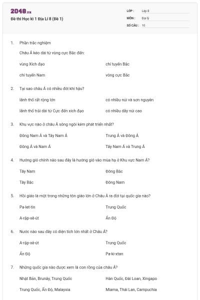 Đề thi Học kì 1 Địa Lí 8 (Đề 1)