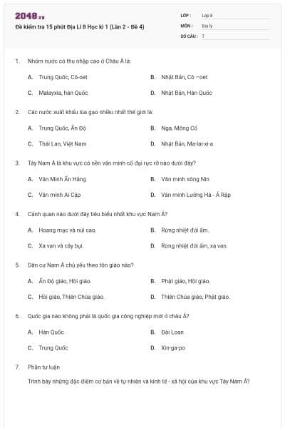Đề kiểm tra 15 phút Địa Lí 8 Học kì 1 (Lần 2 - Đề 4)