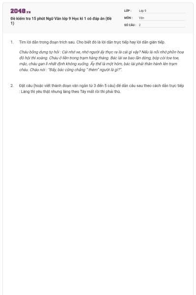 Đề kiểm tra 15 phút Ngữ Văn lớp 9 Học kì 1 có đáp án (Đề 1)