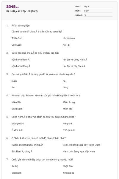 Đề thi Học kì 1 Địa Lí 8 (Đề 2)