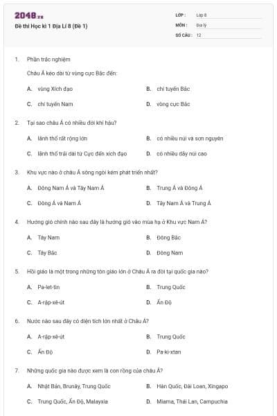 Đề thi Học kì 1 Địa Lí 8 (Đề 1)