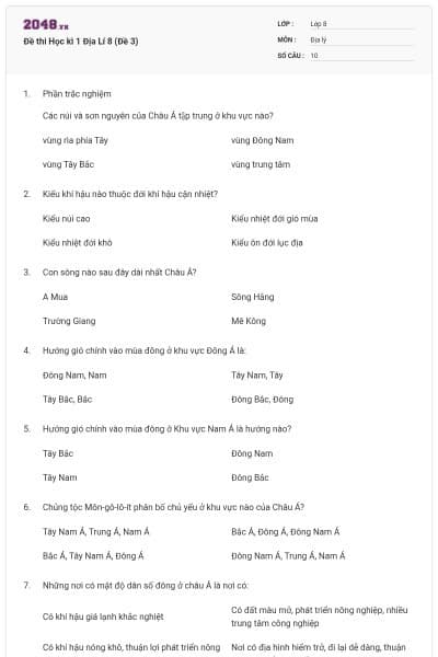 Đề thi Học kì 1 Địa Lí 8 (Đề 3)