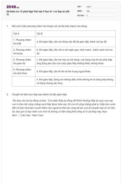 Đề kiểm tra 15 phút Ngữ Văn lớp 9 Học kì 1 có đáp án (Đề 2)
