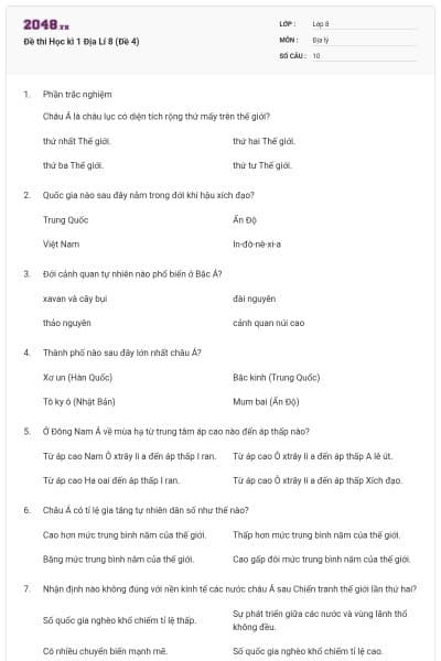 Đề thi Học kì 1 Địa Lí 8 (Đề 4)