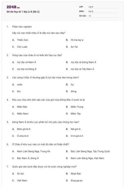Đề thi Học kì 1 Địa Lí 8 (Đề 2)