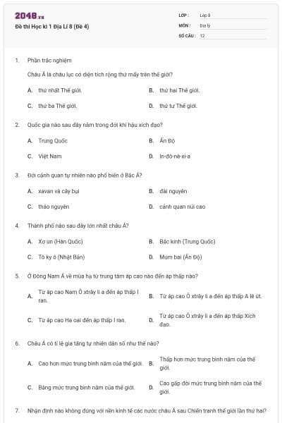 Đề thi Học kì 1 Địa Lí 8 (Đề 4)