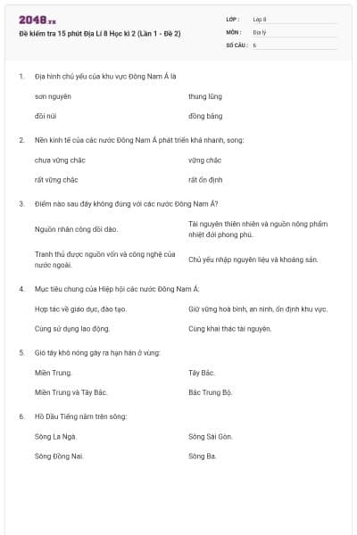 Đề kiểm tra 15 phút Địa Lí 8 Học kì 2 (Lần 1 - Đề 2)