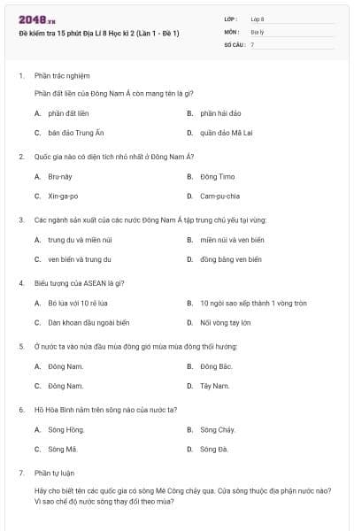 Đề kiểm tra 15 phút Địa Lí 8 Học kì 2 (Lần 1 - Đề 1)