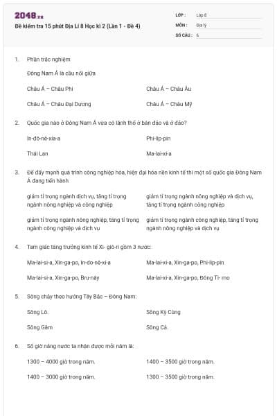 Đề kiểm tra 15 phút Địa Lí 8 Học kì 2 (Lần 1 - Đề 4)