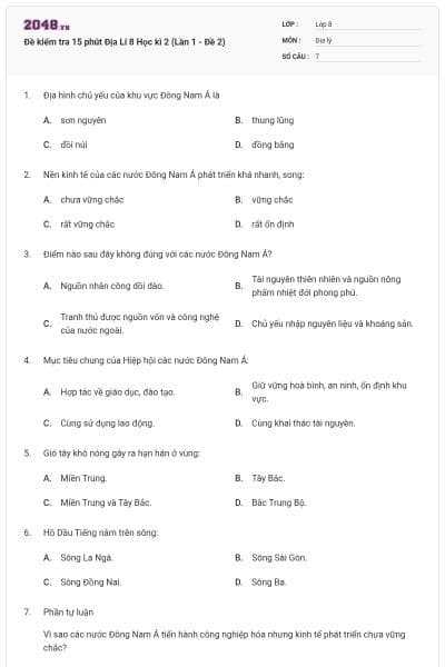 Đề kiểm tra 15 phút Địa Lí 8 Học kì 2 (Lần 1 - Đề 2)