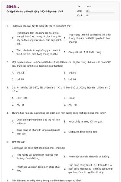 Ôn tập kiểm tra lý thuyết vật lý 10( có đáp án) - đề 5