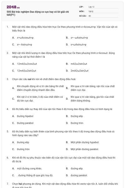 505 Bài trắc nghiệm Dao động cơ cực hay có lời giải chi tiết(P1)