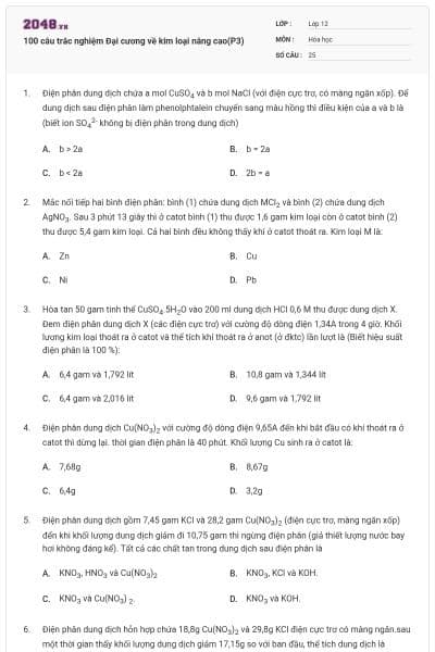 100 câu trắc nghiệm Đại cương về kim loại nâng cao(P3)