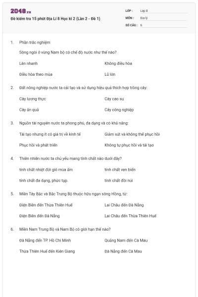 Đề kiểm tra 15 phút Địa Lí 8 Học kì 2 (Lần 2 - Đề 1)