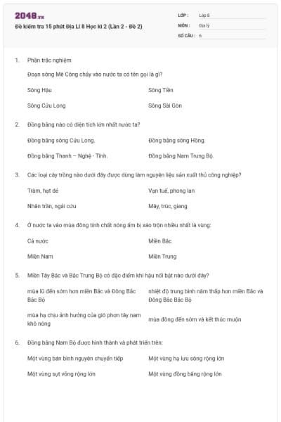 Đề kiểm tra 15 phút Địa Lí 8 Học kì 2 (Lần 2 - Đề 2)