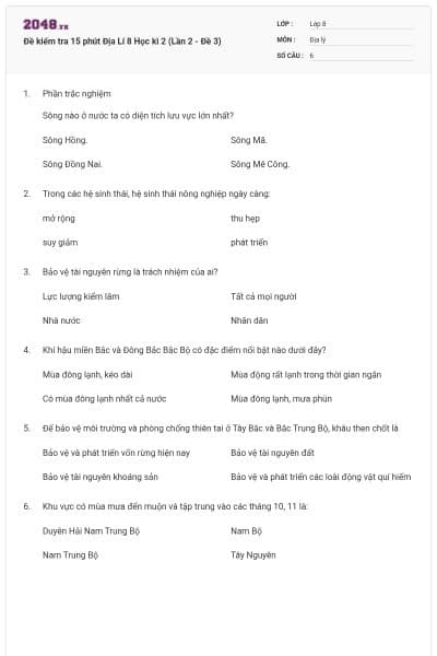 Đề kiểm tra 15 phút Địa Lí 8 Học kì 2 (Lần 2 - Đề 3)