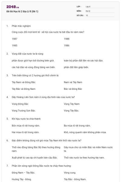 Đề thi Học kì 2 Địa Lí 8 (Đề 1)