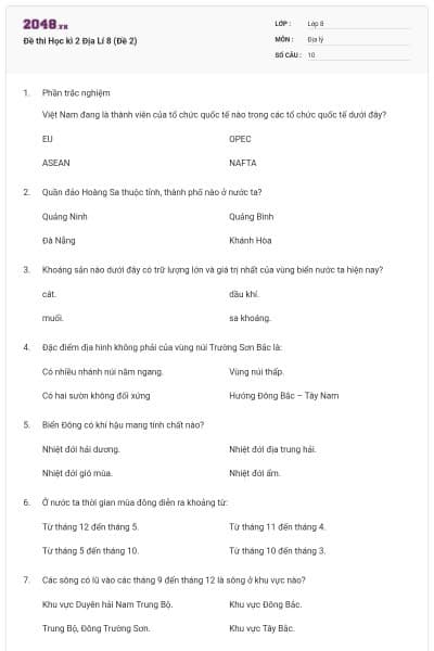Đề thi Học kì 2 Địa Lí 8 (Đề 2)