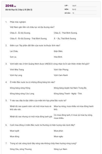 Đề thi Học kì 2 Địa Lí 8 (Đề 3)