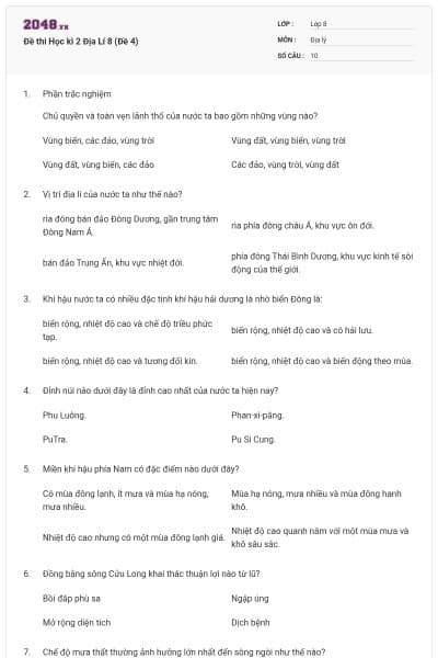 Đề thi Học kì 2 Địa Lí 8 (Đề 4)